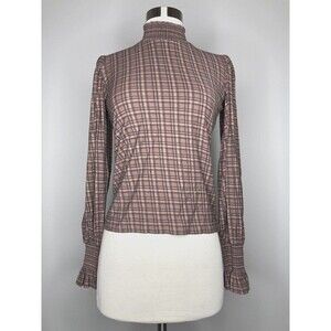 Nation LTD Top Women Small Pima Cotton Brown Plaid Smock Turtleneck Bell Sleeve